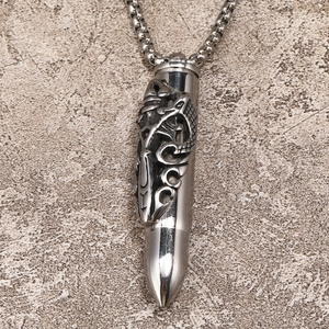 Retro bullet pendant necklace in stainless steel with carved dragon and ball chain