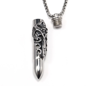 Dragon engraved bullet cremation pendant necklace in silver stainless steel finish