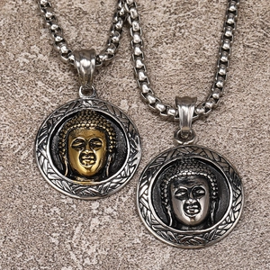 Vintage gold and silver buddha head pendants on chunky stainless steel chain necklaces