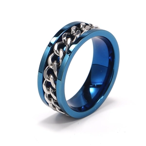 Anillo giratorio de acero inoxidable azul y plata con cadena para hombre y mujer