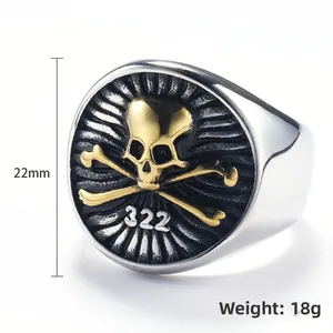 Retro punk pirate skull and crossbones signet ring in silver and gold steel