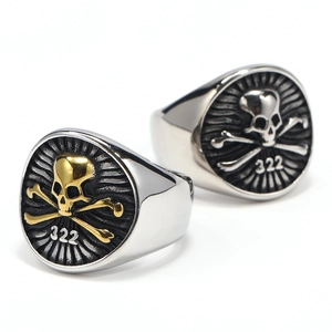 Vintage gothic skull and bones signet ring in silver and gold tones with 322 engraving