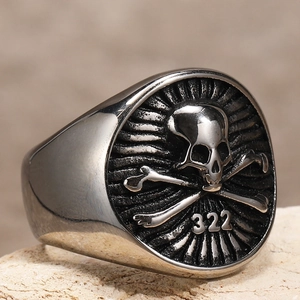 Vintage punk skull signet ring in retro silver stainless steel with 322 relief detail