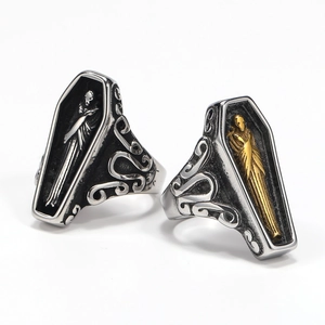 Gothic punk mummy coffin rings in silver and gold steel with skeleton engravings