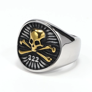 Vintage punk skull signet ring in silver and gold steel for men's biker street style