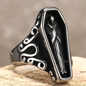 Gothic punk mummy coffin ring in vintage stainless steel with skull relief detailing