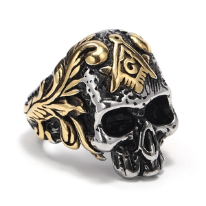 Gotischer Punk-Herrenring mit Totenkopf, goldenem Freimaurer-Symbol und Blattmuster