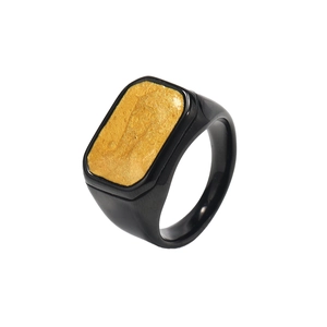 Anello chevalier minimalista in acciaio al titanio nero con faccia rettangolare in oro spazzolato