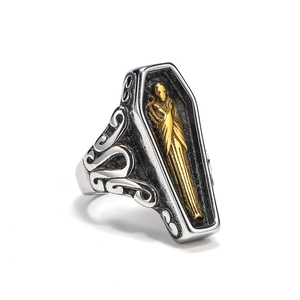 Gothic punk mummy coffin ring in vintage silver titanium steel with golden mummy inlay
