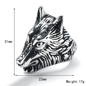 Vintage stainless steel wolf head ring for men with detailed hair texture and silver finish
