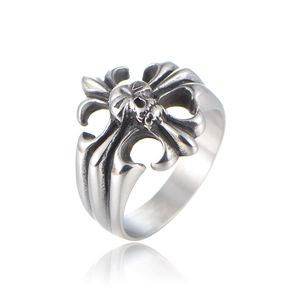 Gothic punk skull ring with cross and fleur-de-lis motifs in vintage silver stainless steel