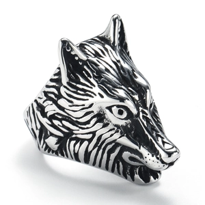 Detailed relief of vintage wolf head ring with intricate fur textures in punk rock style