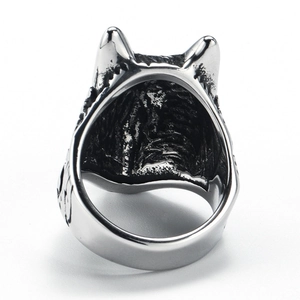 Detailed back view of a vintage punk wolf head ring showing the thick stainless steel band
