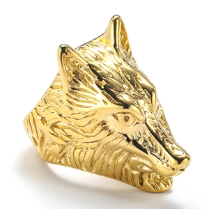 Vintage punk style gold plated wolf head ring in stainless steel for men's jewelry