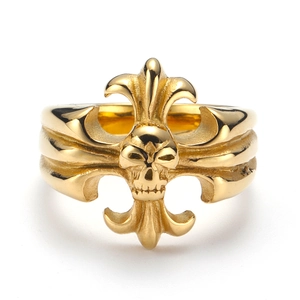 Detailed close-up of golden gothic skull and cross relief on a punk steel ring
