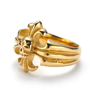 Gothic gold stainless steel ring featuring detailed skull and cross engravings