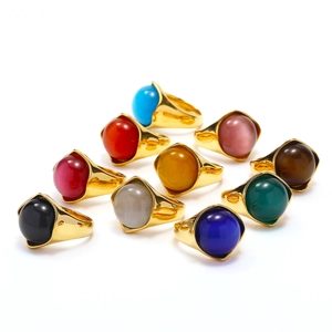 Set of 10 colorful cat eye stone rings in polished gold finish with a vintage style