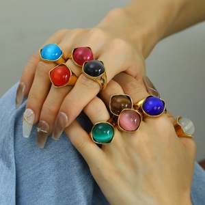 Vintage Titanium Steel Cat's Eye Stone Ring For Women Gold Plated Geometric Round Large Gemstone Fashion Statement Jewelry