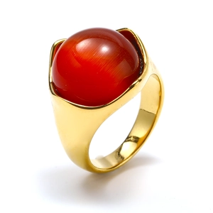Detailed close-up of a minimalist gold-plated titanium steel ring with a red cat eye stone