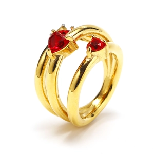 Elegante anello in acciaio al titanio a doppio strato con due zirconi rossi a cuore