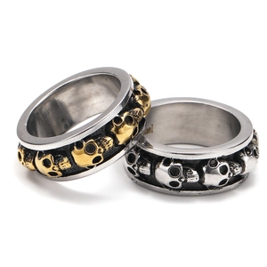 Anelli teschio vintage con rilievo oro e argento, fasce biker in acciaio inossidabile