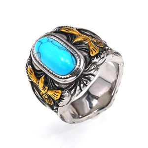 Herren Vintage Ring aus Titanstahl mit Türkisstein und Adler-Relief-Gravur an der Seite