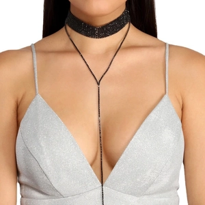 Sparkling black rhinestone choker and Y-shaped fringe necklace set for evening parties