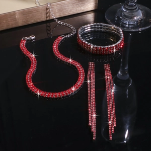Parure de bijoux de luxe avec strass rouges, collier, bracelet et boucles d'oreilles