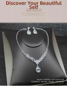 Macro detail of bridal silver necklace and drop earrings set with crystals on display