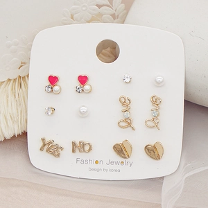 Exquisite set of 6 pairs of gold-plated 925 silver needle earrings with pearls and hearts