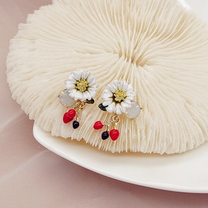 925 silver needle daisy earrings with colorful enamel petals and red berry tassels