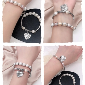 Retro 7-8mm Süßwasserperlen-Armband Set mit Vintage Silber Herzanhänger für Damen