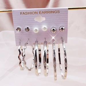 Set of 6 pairs of silver-tone fashion earrings featuring hoops, studs, and faux pearls