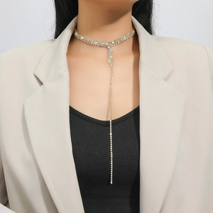 Elegant gold multi-layered rhinestone choker necklace with long sparkling tassel fringe