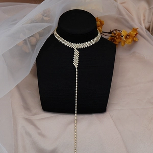 Exquisite rhinestone choker necklace with long tassel fringe on a display model