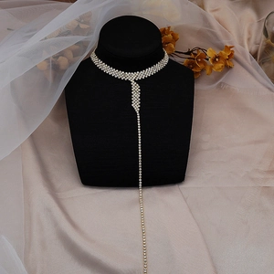 Close-up of sparkling silver rhinestone Y-shaped long necklace on a black neck model