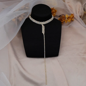 Detailed view of rhinestone fringe choker with long sparkling tassel pendant for women