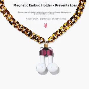 Close-up of magnetic acrylic anti-loss chain for wireless earphones in dark amber texture