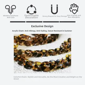 Detail of tortoiseshell acrylic chain for wireless earbuds with magnetic storage function