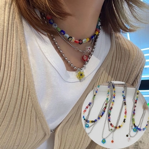 Collier Superposé Vintage Y2K pour Femme Pendentifs Fleur en Verre de Lampe Millefiori Avec Chaîne de Perles en Cuivre Argent
