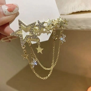 Elegant Gold Star Tassel Hair Clip For Women Sparkling Rhinestone Metal Fringe Side Hairpin Korean Style Fashion Headwear