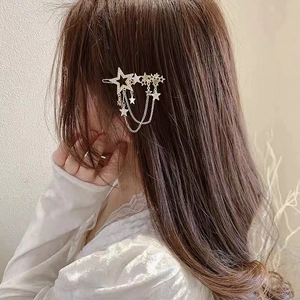 Elegant star tassel hair clip with sparkling rhinestones on model for a trendy Korean look