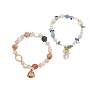 Adjustable crystal beaded bracelet set with natural pearls and colorful gemstones