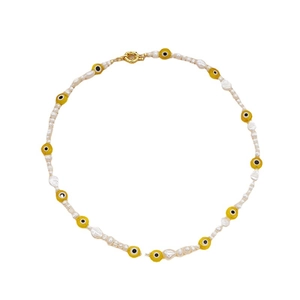 Collar de perlas barrocas con cuentas amarillas de ojo turco y cierre dorado fino