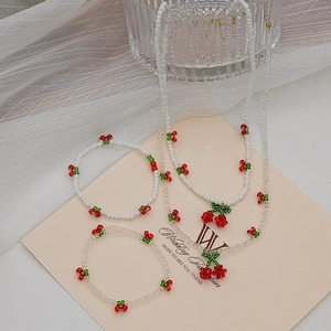 Collier Bracelet Pendentif Cerise en Perles Fait Main pour Femmes Style Coréen Mode Bijoux en Cristal Pastorale