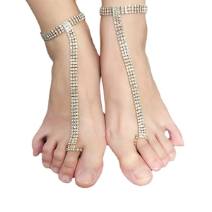 Bracelet de cheville doré à 3 rangs de strass pour femme bijoux de pied mariage de plage