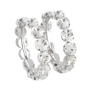 Close-up of silver-tone hoop earrings with micro-pave crystal setting for formal parties
