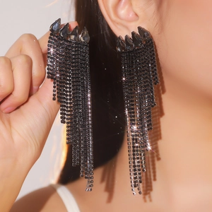 Sparkly black rhinestone fringe tassel drop earrings with claw chains for evening parties