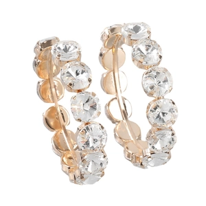 Close-up of rose gold hoop earrings with sparkling crystal pavé setting for women
