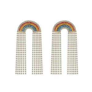 Regenbogen-Ohrringe mit bunten Strasssteinen und langen glitzernden Fransenanhängern
